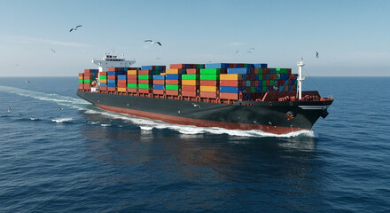 Large Cargo Ship Transporting Containers Across the Ocean