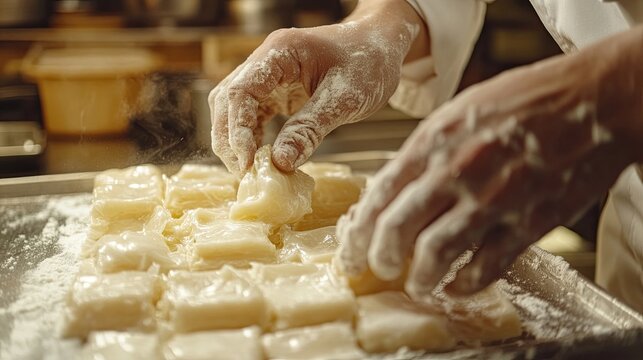 Close-up of chefs hands preparing dish with fresh ingredients, symbolizing culinary expertise, creativity, the artistry behind crafting gourmet meals in professional kitchens