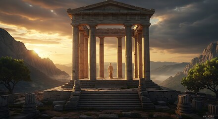 Witness a breathtaking sunrise illuminating ancient ruins, symbolizing empowerment and hope Explore historical significance as golden light bathes the stone pillars and steps, radiating positivity 