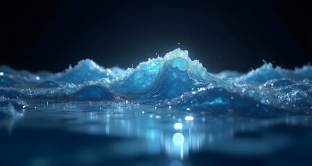 Cybernetic Ocean with Pulsating Blue Light Waves in a High-Tech Virtual Environment