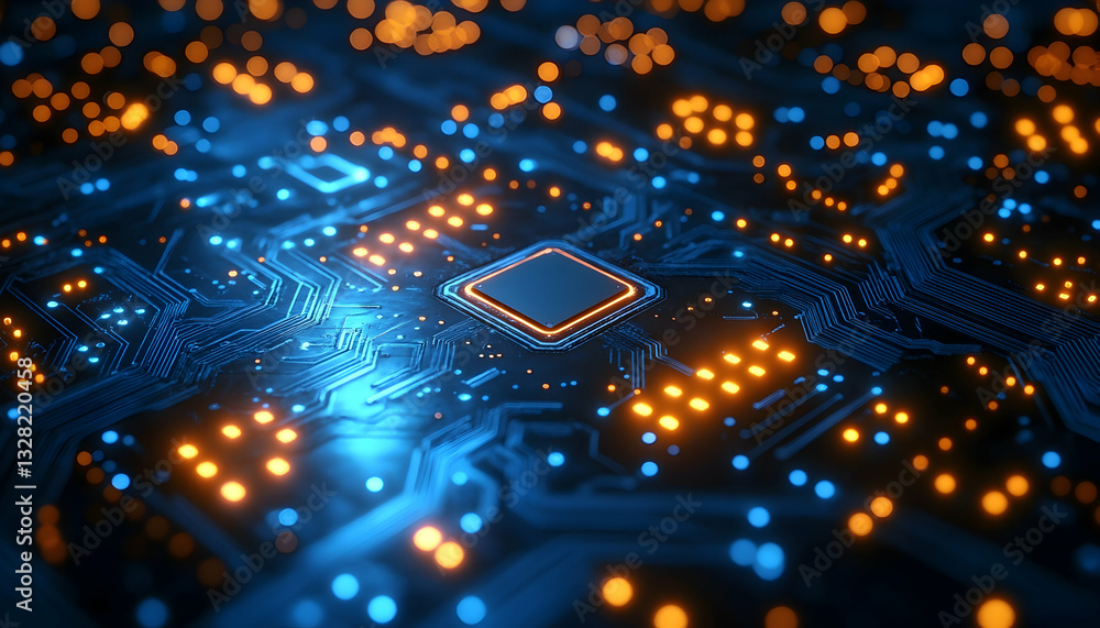 Poster close-up of a glowing circuit board, showcasing intricate pathways and a central processor. the illu