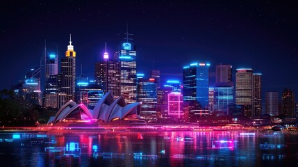 Fototapeta premium Vibrant Night Cityscape with Illuminated Buildings and Reflections