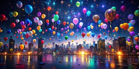 Night Celebration: Vibrant Balloons & Confetti Rain Over Cityscape
