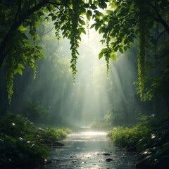 Fototapeta premium A peaceful scene shows gentle rain falling through a vibrant green forest with sunlight 