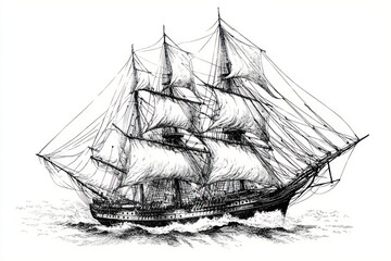 Sailing ship, ocean waves, nautical art, historical vessel, maritime illustration