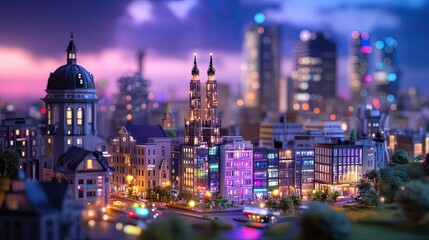Obraz premium Miniature Cityscape at Dusk with Colorful Lights and Urban Skyline