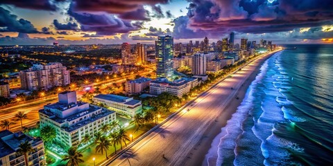 Night Drone View of South Beach Miami Ocean Drive & Beach