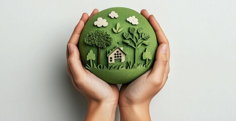 Hands holding green earth globe with miniature house and trees, environmental conservation concept