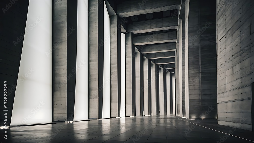 Poster empty modern huge concrete material empty hall with lots of columns and big white glowing windows