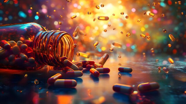 un fondo colorido con un frasco de pildoras pastillas o capsulas de medicamento alrededor medicina para la salud y el bienestar de las personas