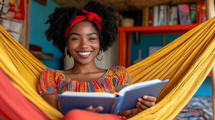 Happy woman reading book in hammock.