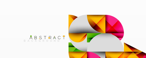 Abstract geometric design with intersecting circles, triangles, squares and sharp angles creating a layered composition with gradients, depth, and contrast