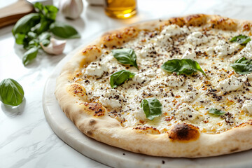 Gourmet White Truffle Pizza with Ricotta Cheese, Fresh Basil, and Crispy Crust