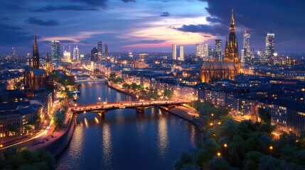 Obraz premium Serene Cityscape at Dusk with River and Illuminated Skyline