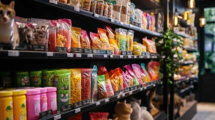 Fototapeta premium Colorful Pet Food and Treats Display in Retail Store Interior