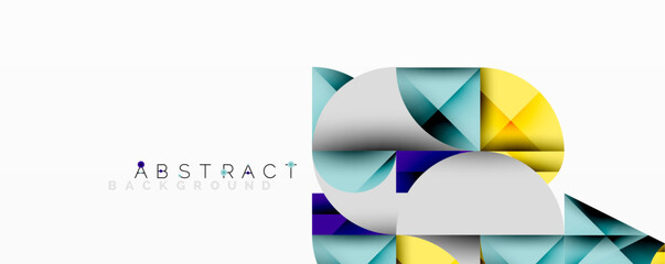 Abstract geometric design with intersecting circles, triangles, squares and sharp angles creating a layered composition with gradients, depth, and contrast