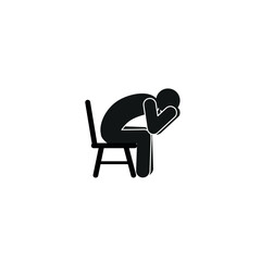  pictograph, a man with his head in his hands, upset, sitting on a chair, flat vector illustration on a white background