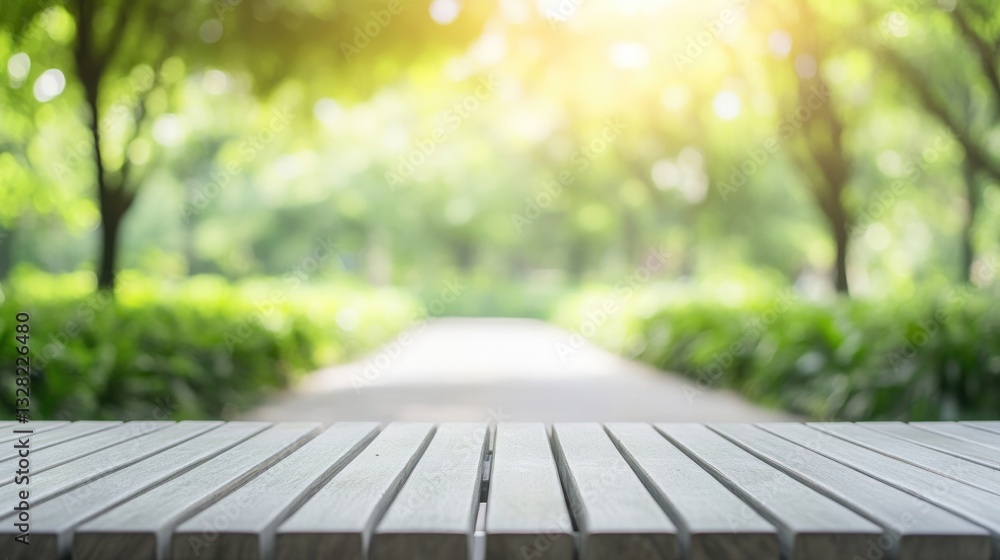 Poster clean park bench surrounded by freshly swept pathways with blurred greenery in background and ample 