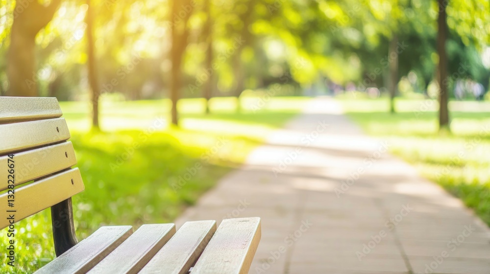 Poster clean park bench surrounded by freshly swept pathways with blurred greenery in background and ample 