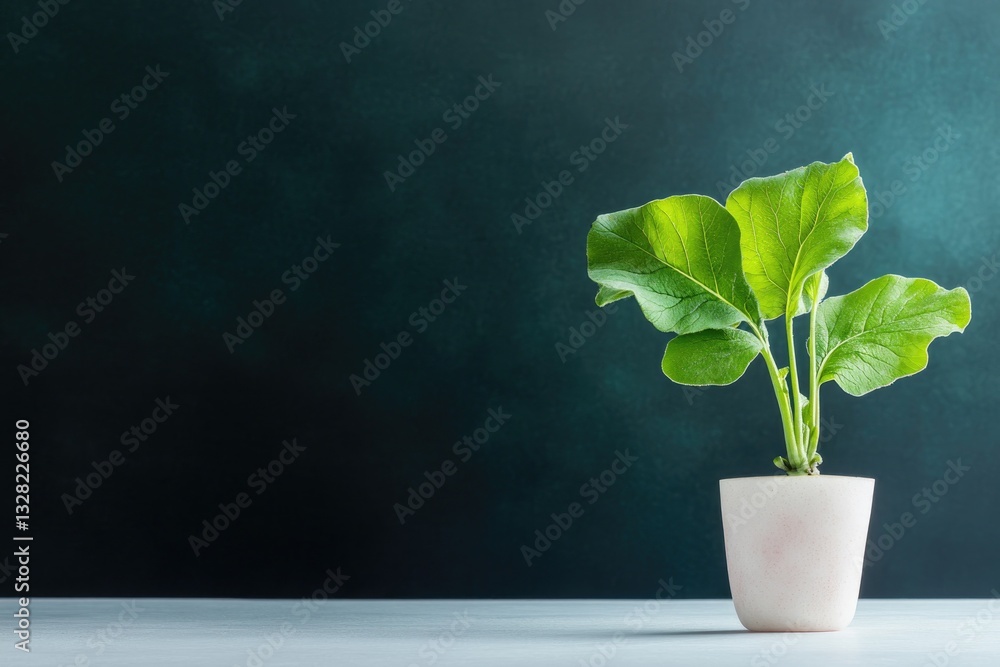 Aufkleber clean photo of single radish with its leafy top placed on white surface and illuminated by soft ligh