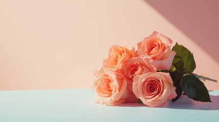 Fototapeta premium close-up image of delicate bouquet of roses beautifully arranged on light pastel surface with abundant natural light