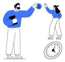 A man holding a dollar sign and a woman pointing to it, with a clock emphasizing time management. Ideal for concepts thumbs up teamwork, finance, time efficiency, business strategy, planning
