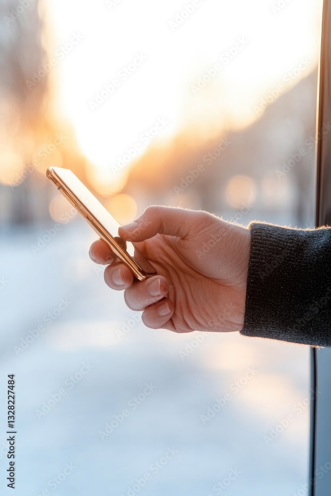 Poster close-up of person hand unlocking shared car door using their smartphone with clean background and a