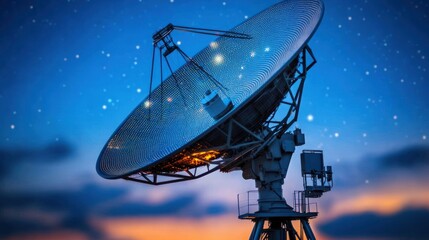 Large satellite dish at night under starry sky