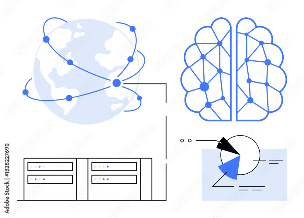 Poster globe with network lines, neural network brain, connected servers, and analytics chart. ideal for ai