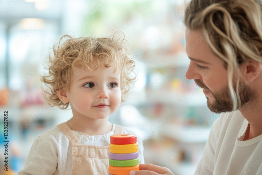 Poster close-up of toy store associate showing toddler colorful stacking toy framed by blurred shelves and 