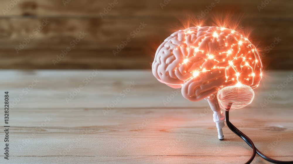 Poster illuminated brain model on wooden surface, showcasing neural pathways and connections.