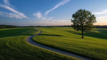 Obraz premium Serene country pathway through rolling green fields