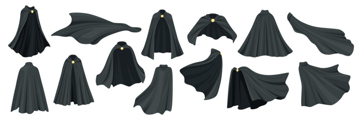 Black Cloak Vector Set. Superhero Cape, Mysterious Cloak, Flowing Black Cape Illustration. Wizard, Vampire, Superhero Costume Cloak for Fantasy Character Design