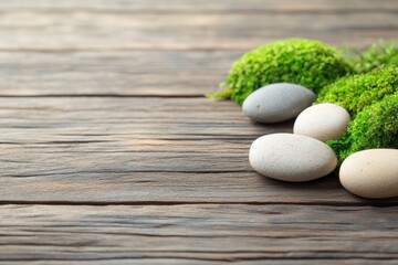 close-up photo of handcrafted wooden tabletop adorned with natural green moss and smooth river stones