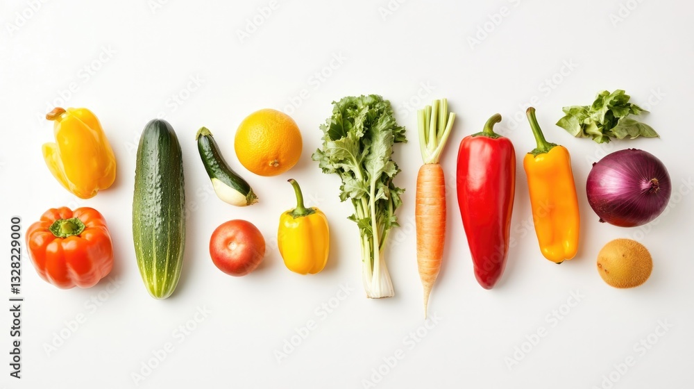 Poster colorful array of fresh vegetables and fruits elegantly arranged in symmetrical pattern on clean whi