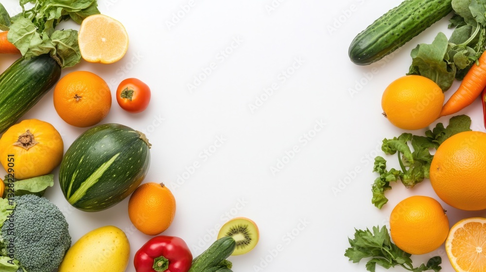 Poster colorful array of fresh vegetables and fruits elegantly arranged in symmetrical pattern on clean whi