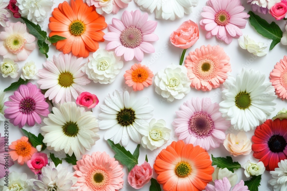 Poster colorful assortment of blooming flowers forms intricate pattern on plain background offering ample c