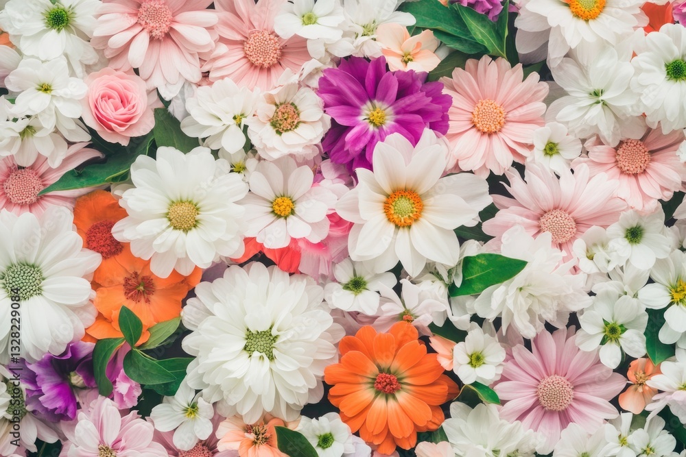 Poster colorful assortment of blooming flowers forms intricate pattern on plain background offering ample c