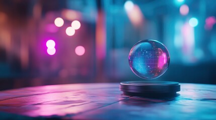 Levitating glass sphere with futuristic city reflection on a table in neon light.