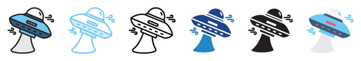 UFO multi style, mini illustration icon set. outline, flat, glyph, line color, UI, UX, app and web, digital or print. vector EPS 10 related to education, technology, space and galaxy.