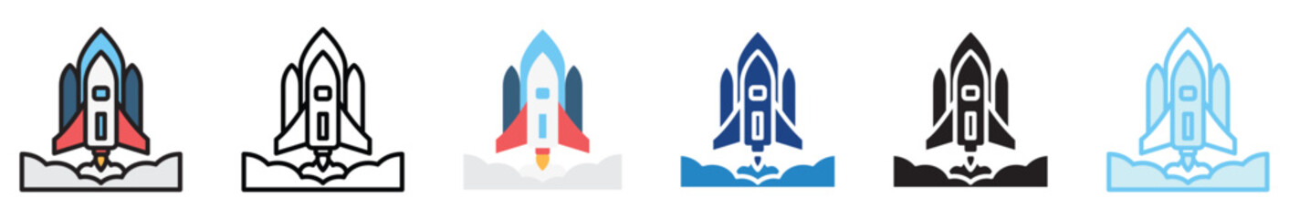 Rocket Launch multi style, mini illustration icon set. outline, flat, glyph, line color, UI, UX, app and web, digital or print. vector EPS 10 related to education, technology, space and galaxy.