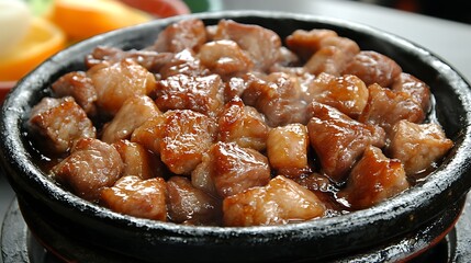 Close-up of savory, glistening cubes of braised pork in a dark clay pot.