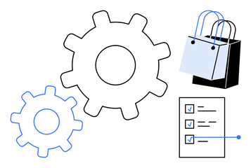 Gears for system efficiency, shopping bags symbolizing purchasing, and a checklist indicating tasks or priorities. Ideal for e-commerce, productivity, organization, planning, business strategy