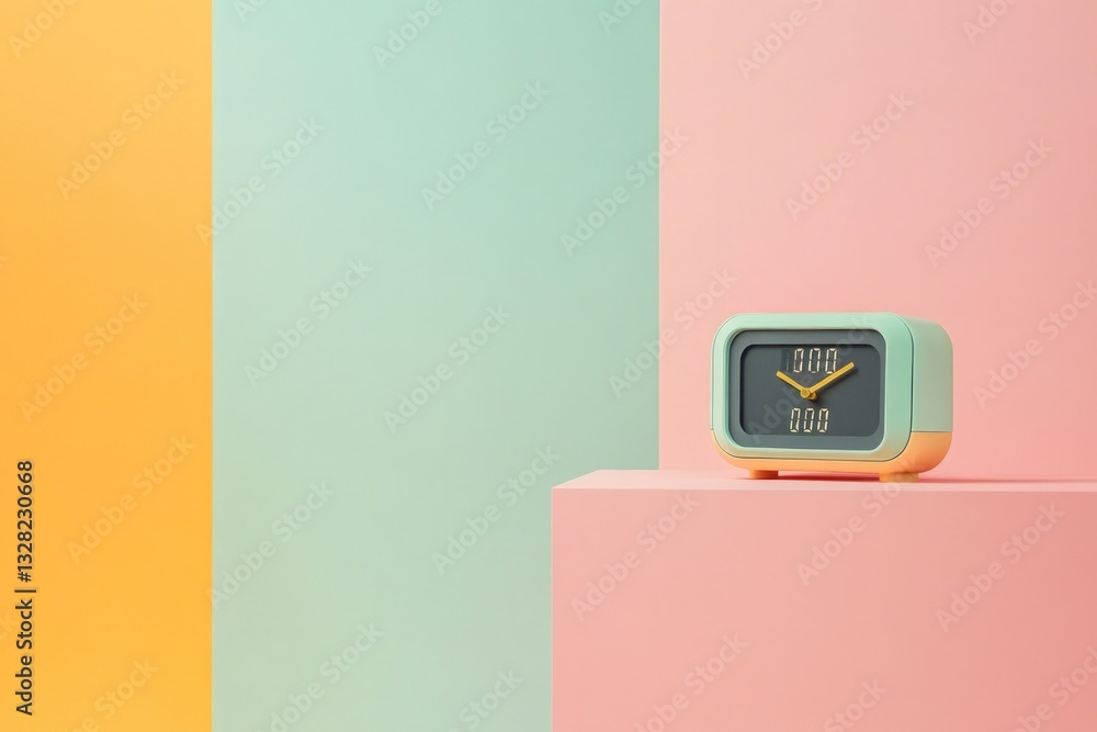 Aufkleber digital clock placed on colorful pastel background showing updated daylight saving time