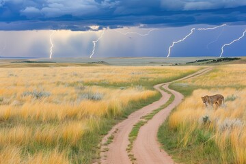 Lion on Dusty Road During Stormy Prairie