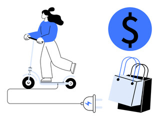Person riding e-scooter, electrical plug, shopping bags, and dollar sign. Ideal for sustainable transport, eco-friendly shopping, urban mobility, e-commerce, shopping saving money green technology