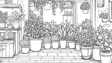 Fototapeta premium Interior of a flower shop, plants, pots, and shelves, illustrations for coloring book