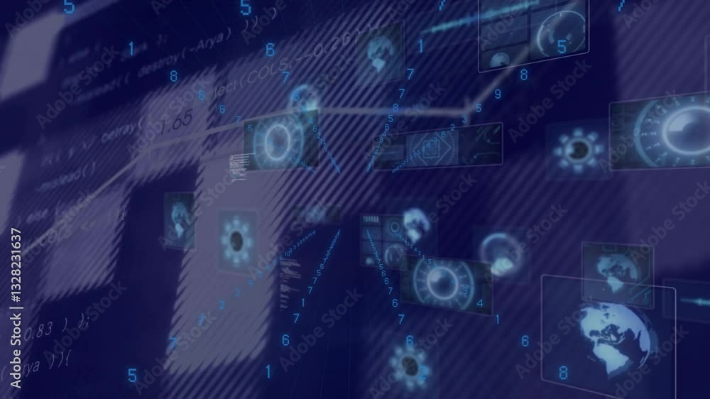 Poster animation of digital data and technology with numbers in futuristic school setting