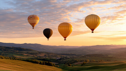 Obraz premium Breathtaking view of hot air balloons floating over scenic landscape at sunset