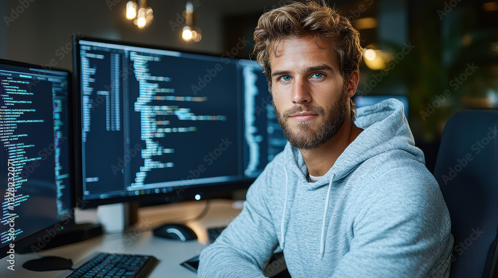 Poster focused young man in hoodie working on coding projects at dual monitors
